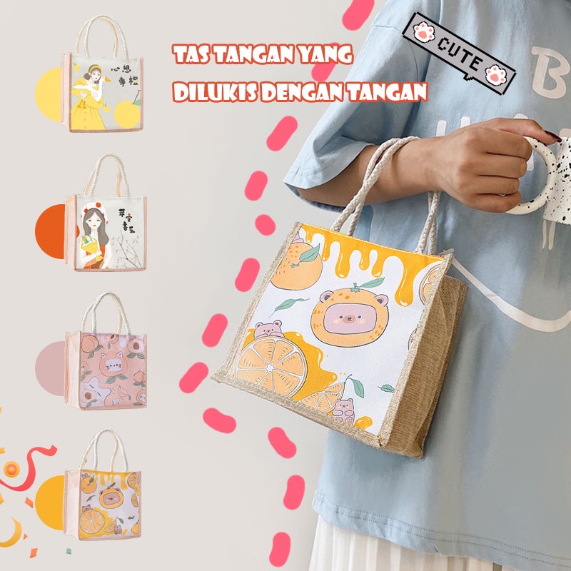 Holiven Tas Kain Berkapasitas Besar- Tas Jinjing dengan Tas Rami Imitasi Kartun Beras