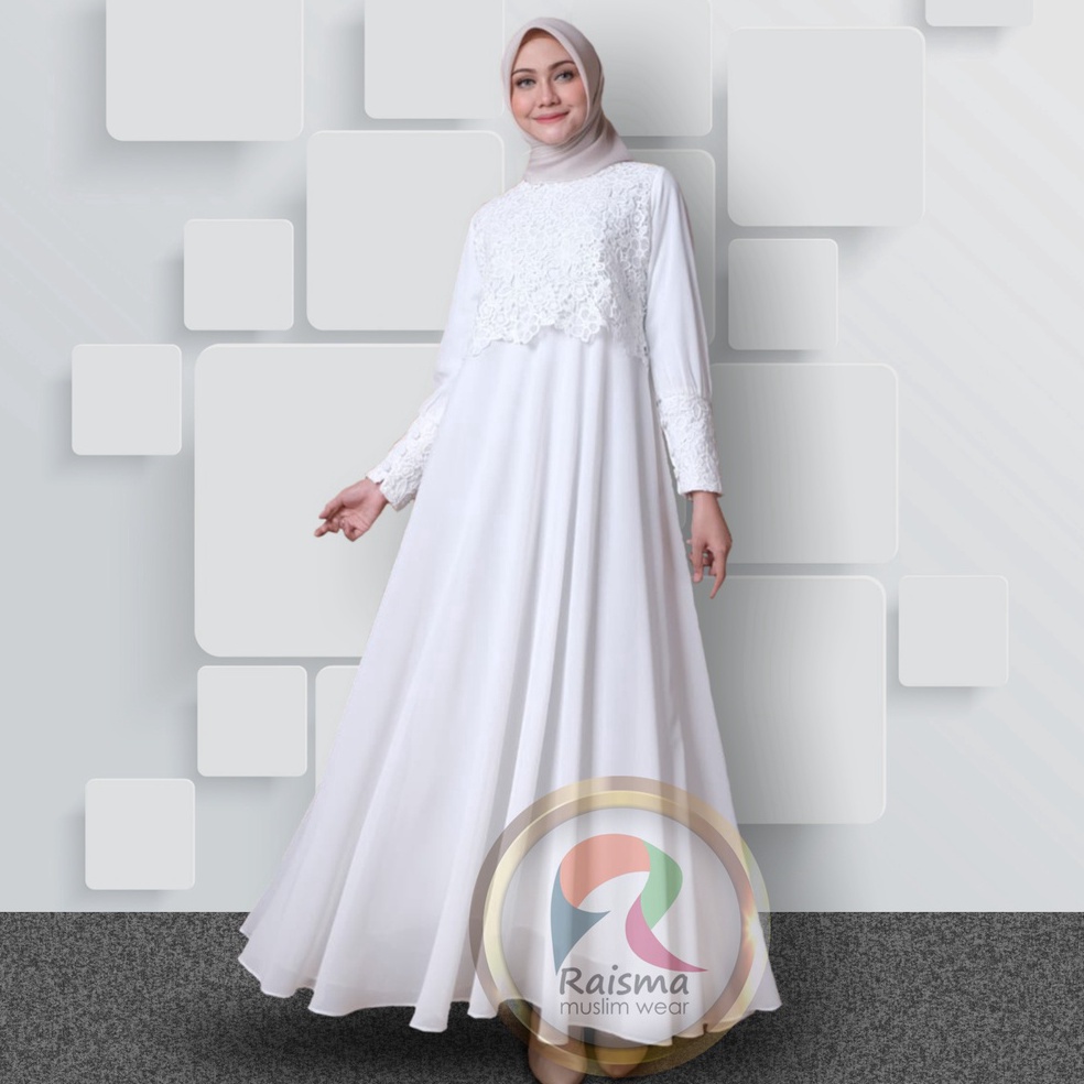 STOK TERBATAS Raisma - Gamis Putih Tulang Lebaran Cantik Dan Elegan Baju Gamis Putih Wanita Terbaru 