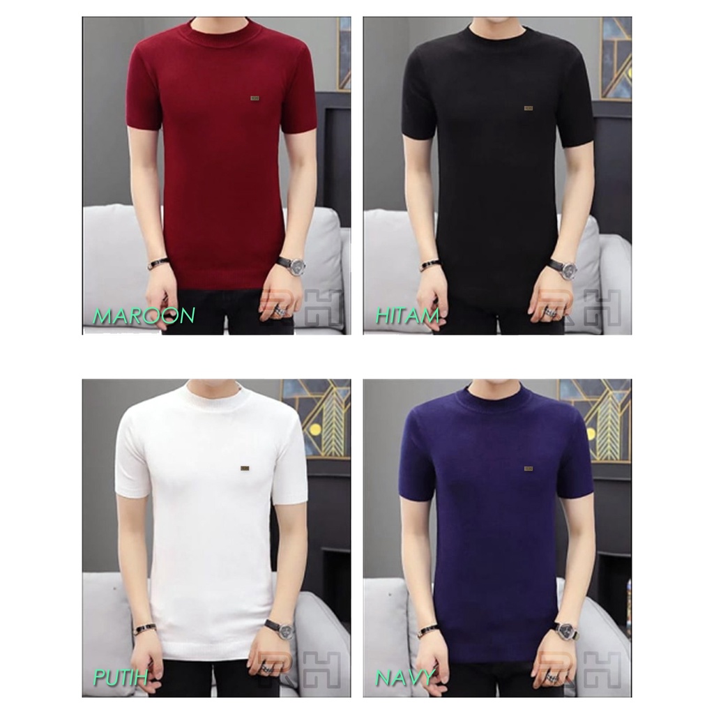 RH - Baju Rajut Turtleneck kerah tinggi lengan pendek slim fit kaos rajutan santai