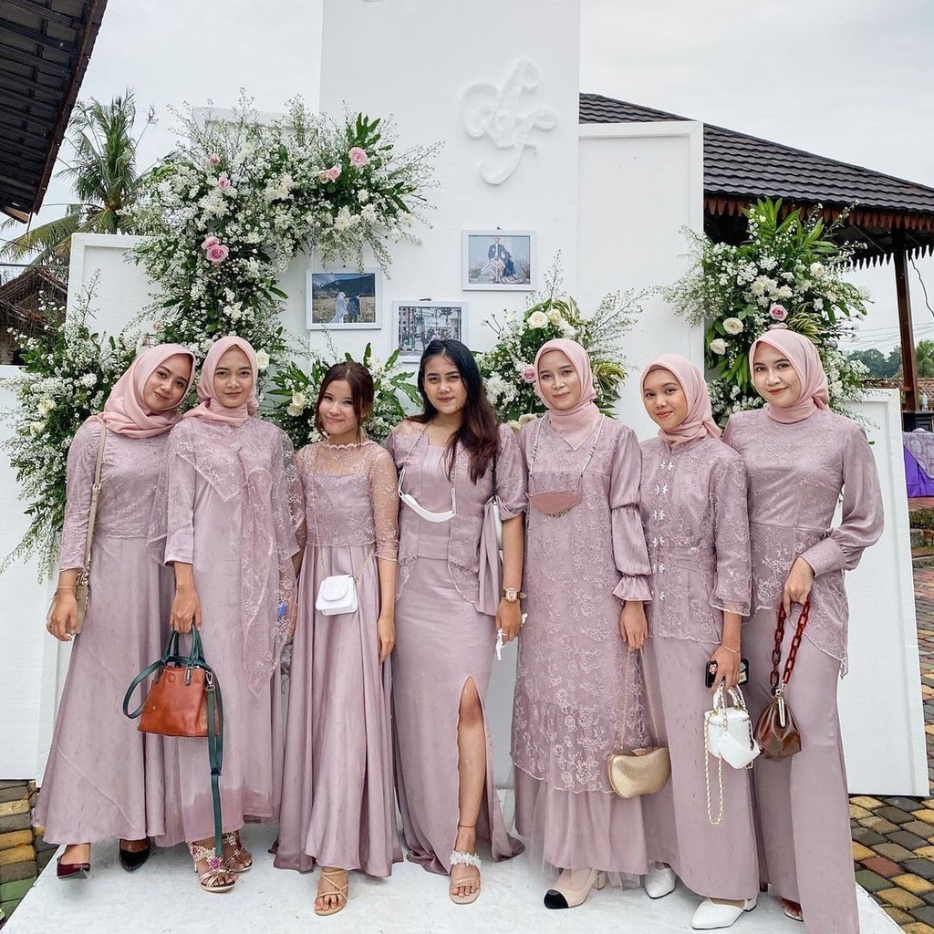 Paket Seragam Bridesmaid Lengkap Wisuda Lamaran Keluarga Tile Akar Motif Brokat Kain Satin Maxmara Kode C