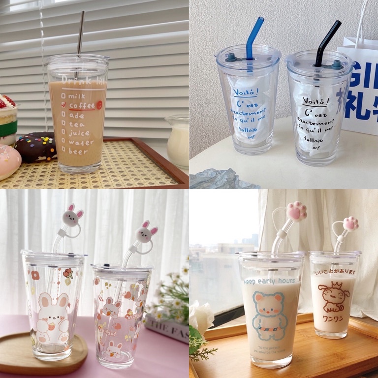 TREN TERBARU|| GELAS MUG KACA / GELAS TUMBLER DENGAN SEDOTAN / gelas aesthetic