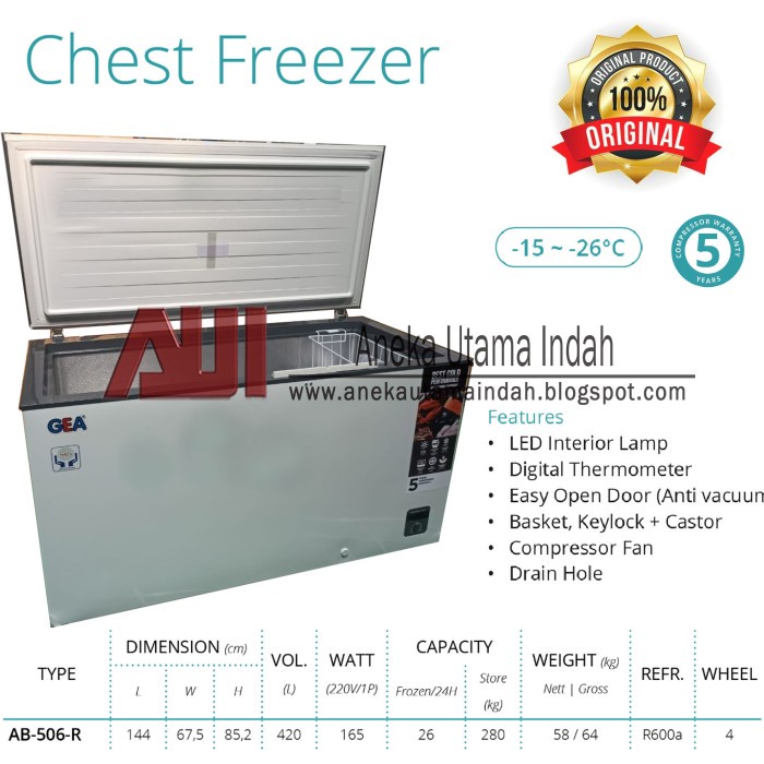 Gea Chest Freezer Ab506 - Ab 506 - Ab 506Tx - 500 Liter - Garansi