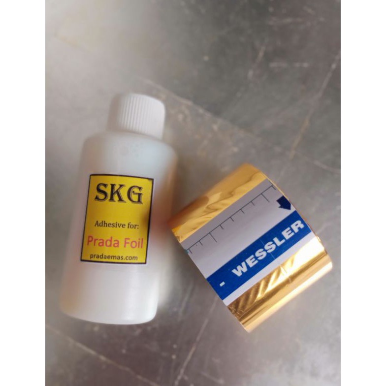 Harga Promo.. Prada Foil Emas wessler 4cm x 120mtr + Adhesive 100gr SKG 1Paket 05U