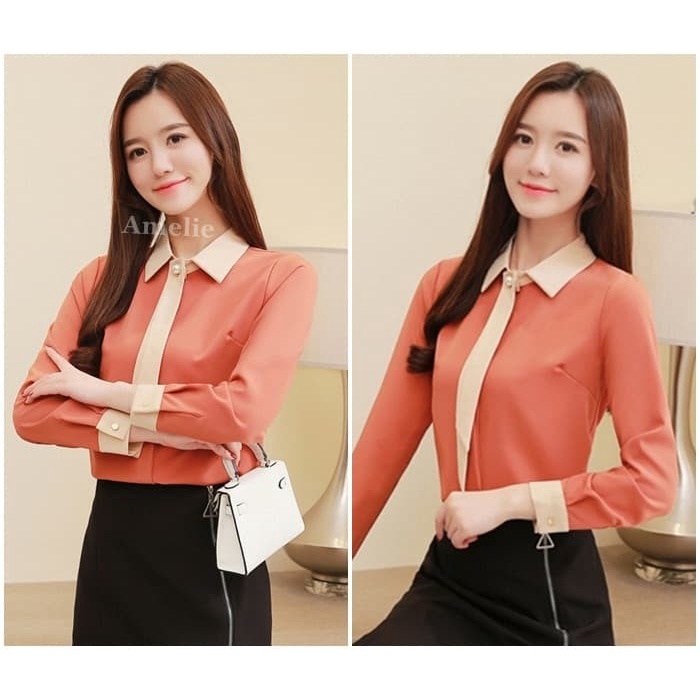 TERLARIS Baju Atasan Kemeja Kerja Wanita Blouse Korea Import AB537015 Orange