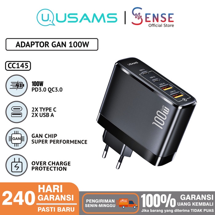 Terlaris Usams T44 Adaptor Kepala Charger Gan Fast Charging 100W 4 Ports Qc4.0