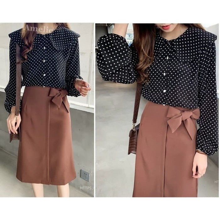 TERBARU AB837918 Baju Atasan Kemeja Putih Wanita Polkadot Blouse Korea Import