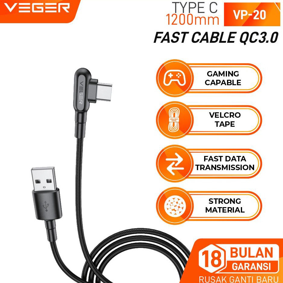 VEGER Kabel Data Cable VP-20 USB Type C Type-C QC 3.0 Gaming Fast Charging 1200MM Garansi 18 Bulan [