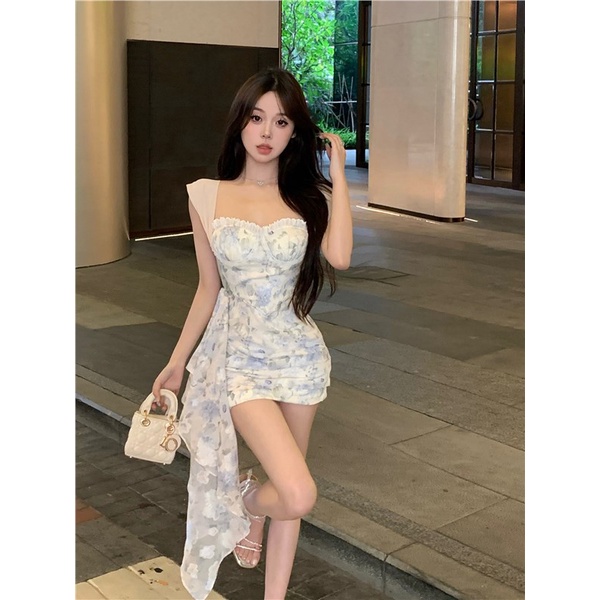 Red Pinggang ramping rompi wanita musim panas lipit kerah persegi seksi paket hip rok biru bunga rok a-line