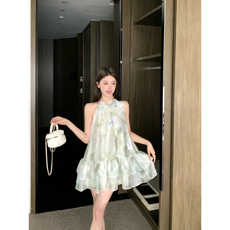 Red Gaun chiffon halter neck sifon manis rasa Hong Kong musim panas wanita dengan desain ceruk rok A-line longgar dan rok pendek tipis