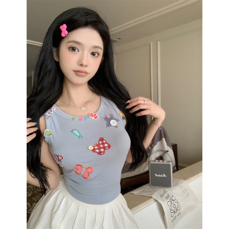 Red Manis dan keren hot gadis kartun cetak kamisol wanita musim panas kupu-kupu putih bordir bagian pendek jaket bagian dalam pakaian luar