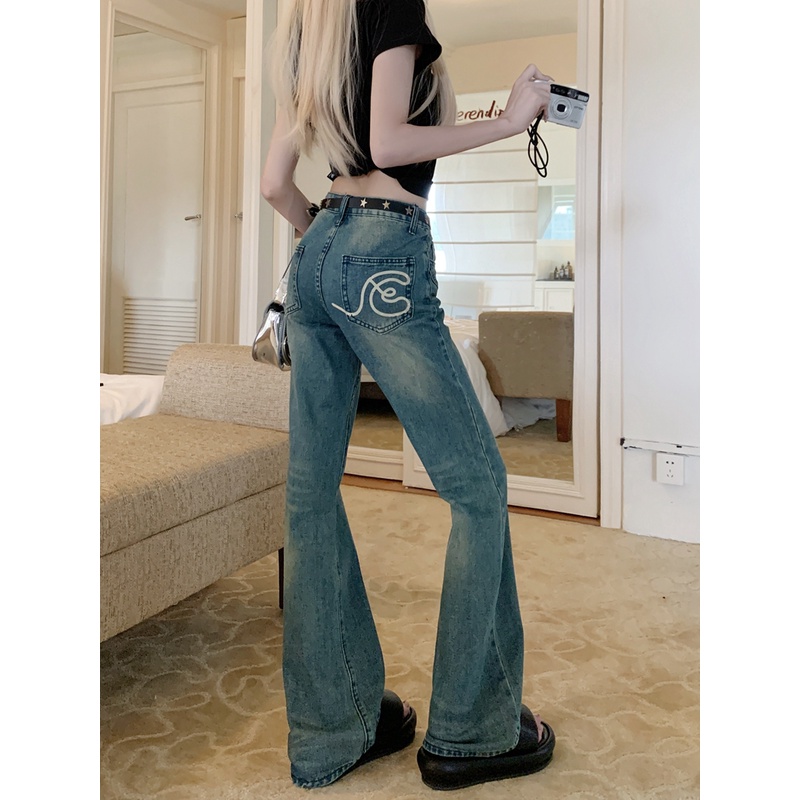 Red Celana jeans biru retro gaya Hong Kong wanita musim panas gaya gadis seksi rendah pinggang slim fit dan desain tipis celana tapal kuda sedikit boot