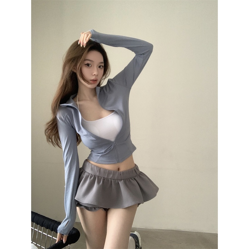 Red Biru Kebugaran Jaket Wanita 2023 Baru Ketat Cepat Kering Top Musim Panas Lengan Panjang Perlindungan Matahari Pakaian Olahraga yoga Cardigan