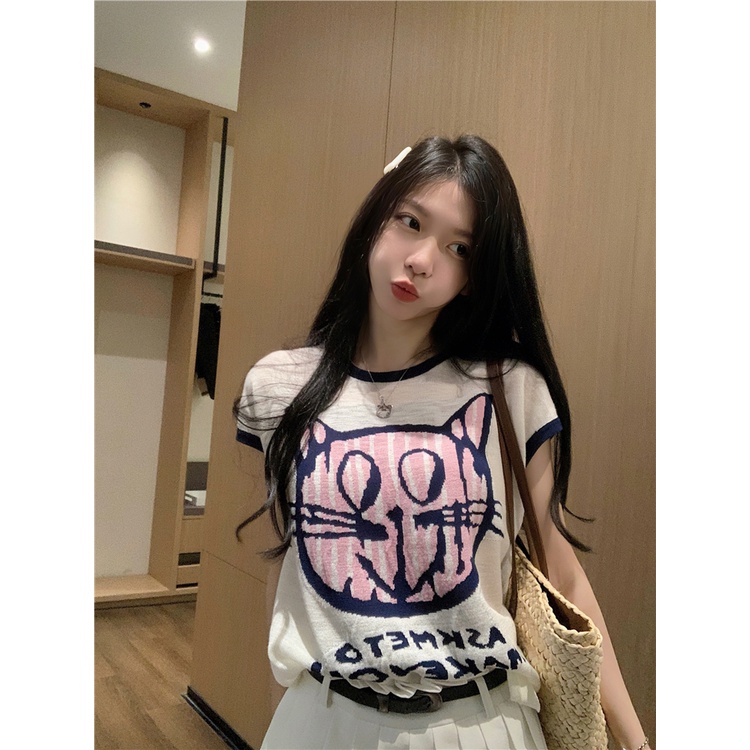 Red Ungu kartun kucing rasa desain rajutan lengan pendek T-shirt wanita musim panas malas longgar slim kasual atasan pendek