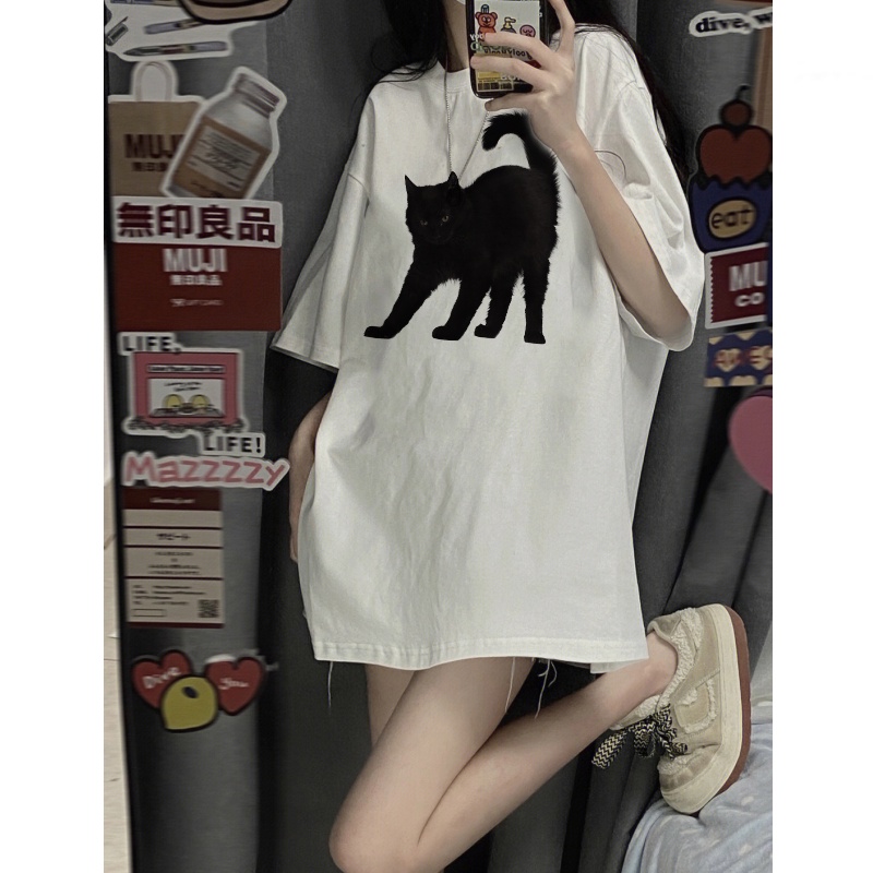 EUNII T-shirt Lengan Pendek Cartoon Black Cat Korean Style/Kaos Atasan Wanita/Baju Kaus Oversize Wanita/Kaos Wanita