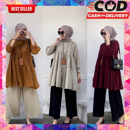 Blus Tunik V Neck Lengan Panjang Roll Up Motif Kotak Kotak Casual Ch Tunik Denim Warna Jumbo  Mika T