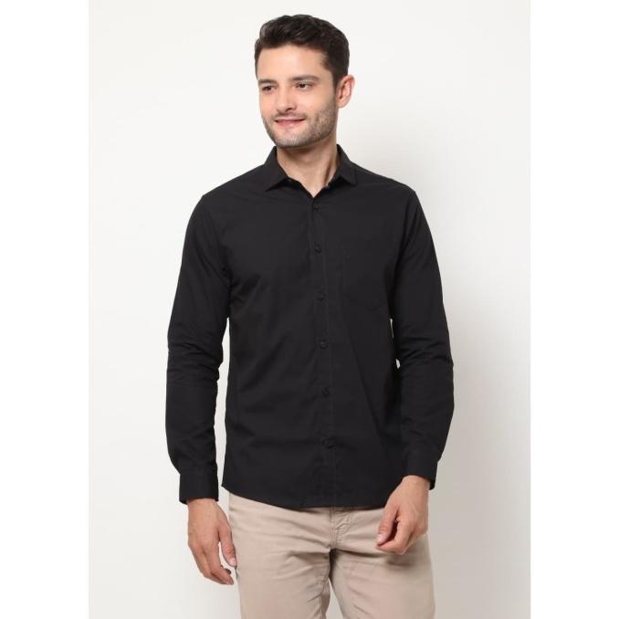 M231 Kemeja Pria Basic Polos Warna Hitam 1468D