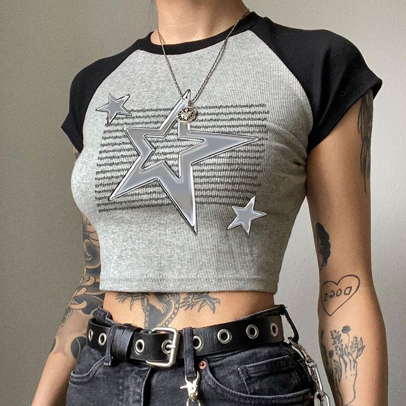 Red Rapcopter American retro star print T-shirt wanita warna hit lengan raglan rajutan benang hot girl atasan lengan pendek