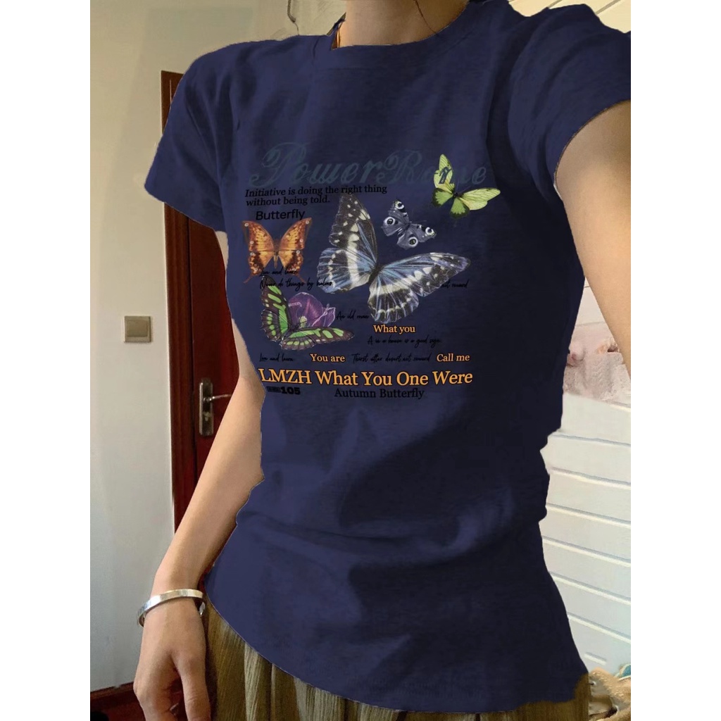 Red Tidak Bocor Pinggang dan Bahu Wanita T-shirt Musim Panas American Retro Biru Angkatan Laut Gadis Panas Slim Slim Lengan Pendek pendek Top Pasang