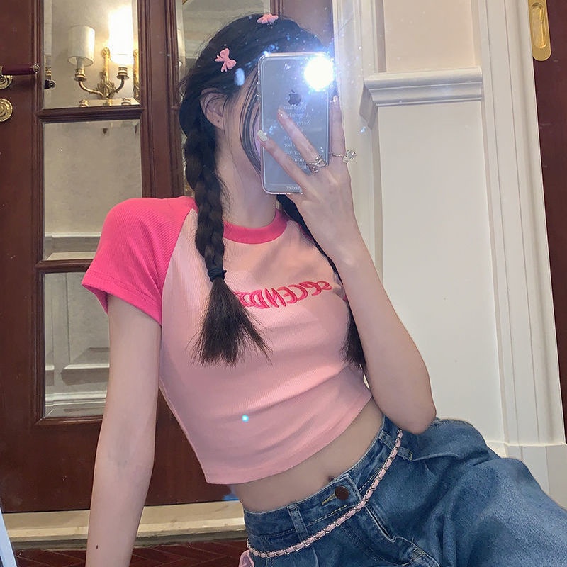 Red Musim Panas Atasan Pendek BM Gaya Lengan Pendek T-shirt Wanita Tinggi Pinggang Pelangsing Tipis Huruf Jahitan Bordir Warna Kontras Inner Tide