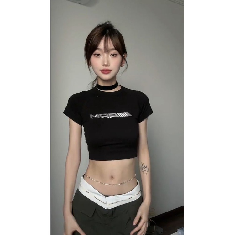 Red American Retro Logam Cair Bahu Depan Lengan Pendek T-shirt Wanita Musim Panas Pendek Hitam Gadis Slim Slim Y2k top