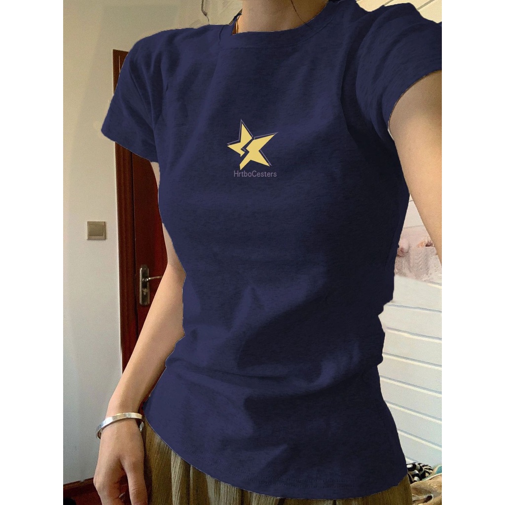 Red Amerika retro bahu depan bintang lengan pendek t-shirt wanita musim panas rasa desain niche slim slim hot girl short top