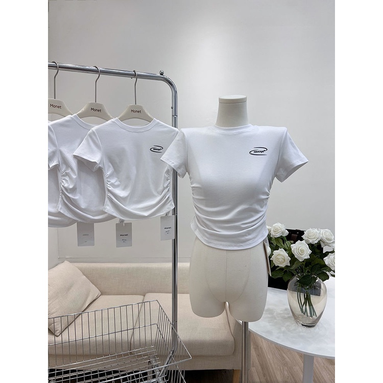 Red Bahu Depan Lengan Pendek T-shirt Musim Panas Wanita Rasa Desain Niche Chic Manis Gadis Panas Ketat Pusar Pendek putih Top Pasang