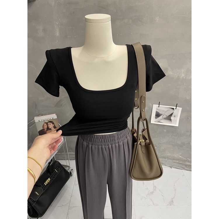 Red Ju seksi All-Match Kerah Persegi Lengan Pendek T-shirt Wanita Ketat Pendek Hitam Top Warna Solid Tipis Kemeja Musim Semi dan Musim Panas