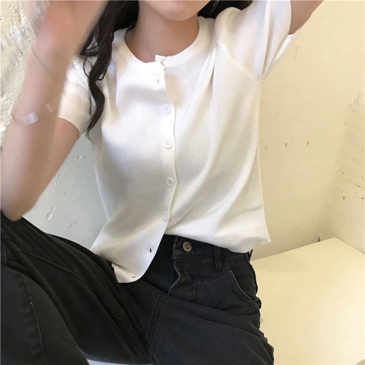 Red 2023 baru musim semi dan musim panas versi Korea dari ins malas angin sweater rajut pendek cardigan top longgar lengan pendek T-shirt wanita pasang