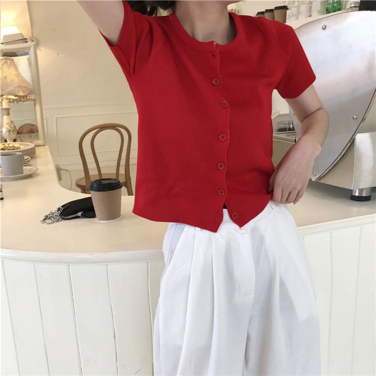 Red 2023 baru musim semi dan musim panas versi Korea dari ins malas angin sweater rajut pendek cardigan top longgar lengan pendek T-shirt wanita pasang