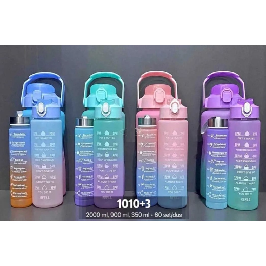 Botol Minum Gradasi Pelangi Viral 3 IN 1 DOFF Free Sticker 2D-3D&amp;Sedotan-Botol Minum Beranak Motivasi Gradasi 3 IN 1 Free Sticker