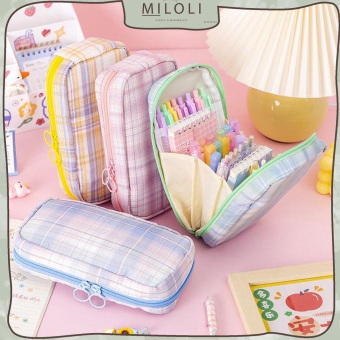 

Terlaris [MILOLI] Kotak Pensil Grid kanvas Macaron Kapasitas Besar