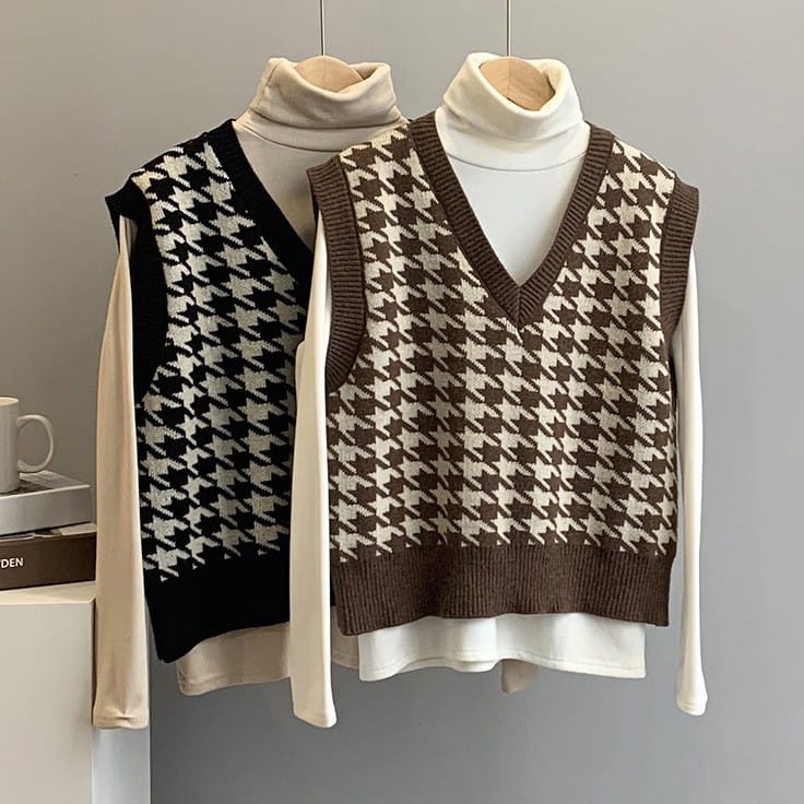 "MNE.26Jn23ᵛ" JENNIE VEST KNIT / Houndstooth vest knit / Rompi rajut wanita korean style / Outer wan