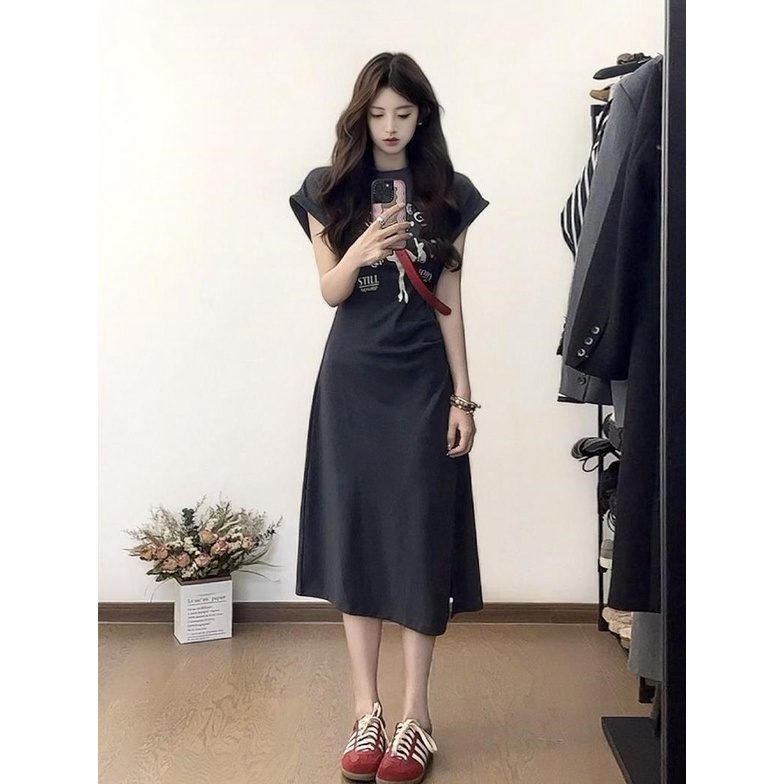 Red French slit Hepburn style slim waist dress wanita musim panas plus ukuran rok panjang temperamen manis berkualitas tinggi