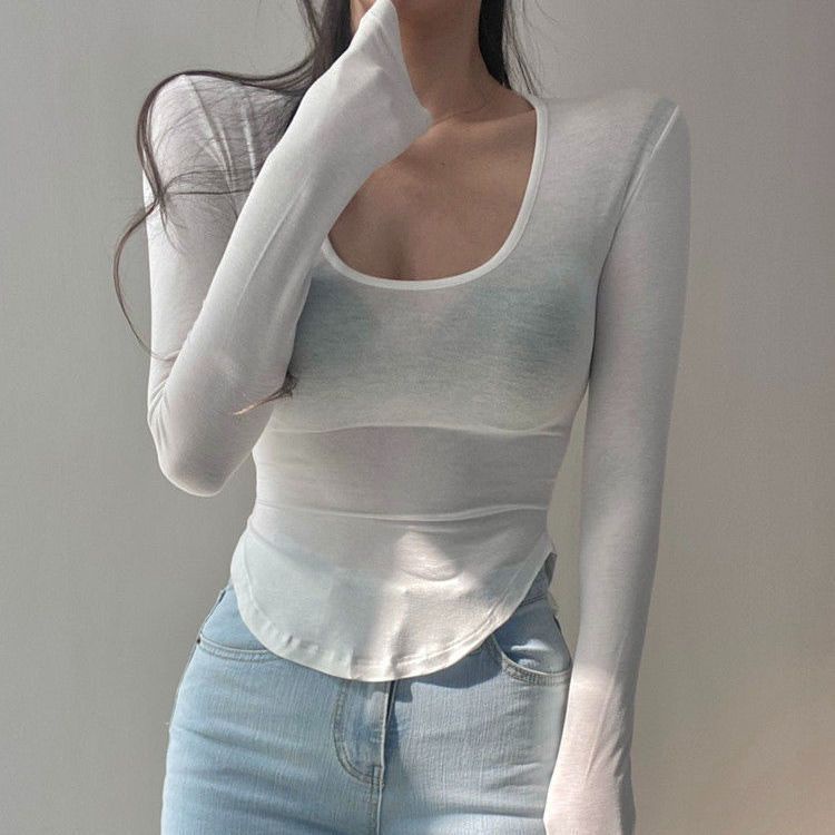 Red Raksasa seksi ~ U-leher menunjukkan dada besar lengan panjang t-shirt wanita bagian tipis mikro-permeabel tubuh ketat menunjukkan bagian dalam kemeja top musim gugur