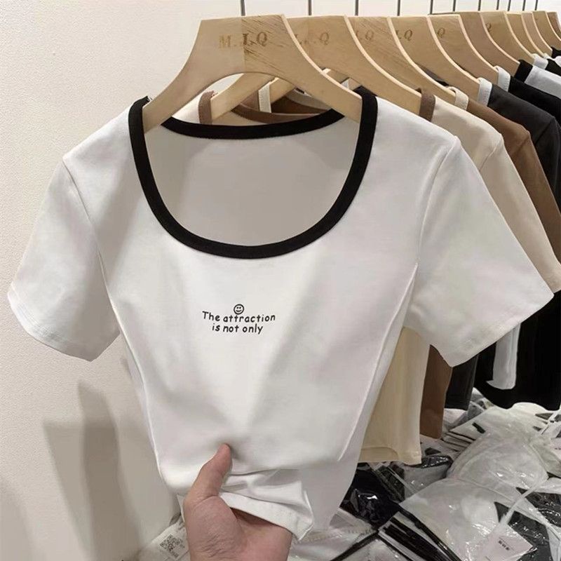 Red Kapas Murni Bahu Depan Kerah Persegi Lengan Pendek T-shirt Wanita Musim Panas Ins Warna Yang Sesuai dengan Gadis Seksi Slim Body slim Tulang Selangka Pendek Fishbone Top