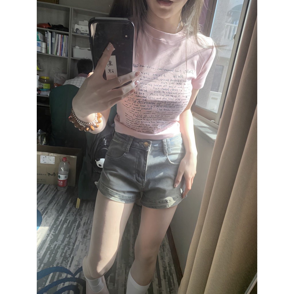 Red American retro hot gadis bahu depan lengan pendek t-shirt perempuan budidaya diri pelangsing musim panas gaya perguruan tinggi Korea pendek top bm gaya