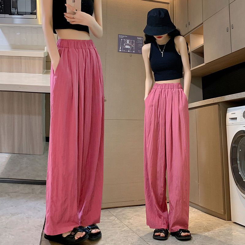 Red Ekstra Besar Lemak MM300 Kati Tekstur Lurus Kasual Celana Wanita Musim Panas Lebar Kaki Celana Malas Angin Ramping Berjalan Celana 2