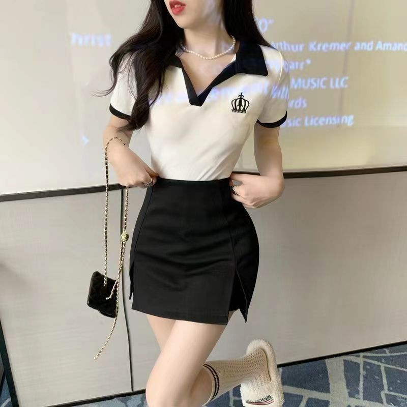 Red 2022 musim panas versi Korea baru V-neck T-shirt pendek top temperamen tinggi pinggang celah tas hip rok celana setelan jas