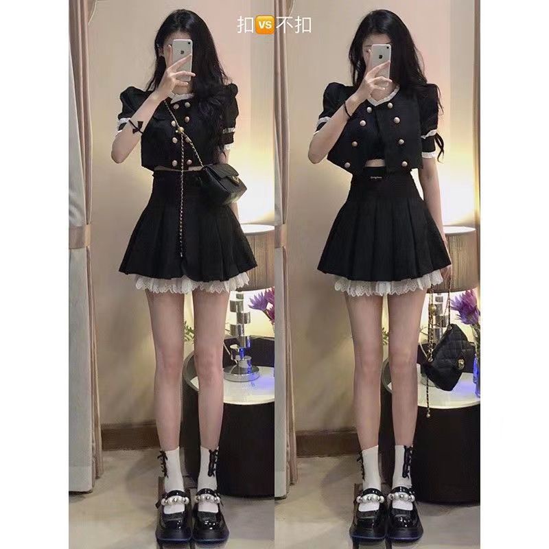 Red Musim panas baru seragam JK hitam keinginan murni babes memakai gaya harum kecil double-breasted pusar terkena a-line setelan rok lipit