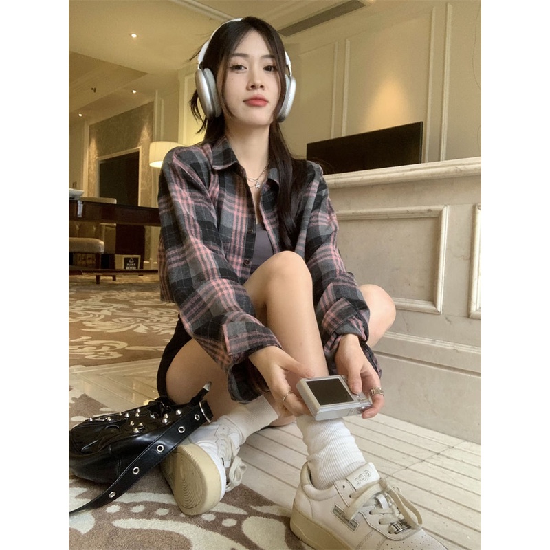 Red Kotak-kotak POLO kerah lengan panjang kemeja pendek mantel manis setelan keren perempuan musim panas hot gadis kamisol set dua potong