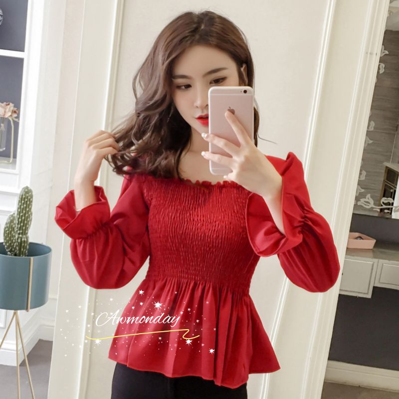 Blouse peplum polos lengan panjang kerah persegi