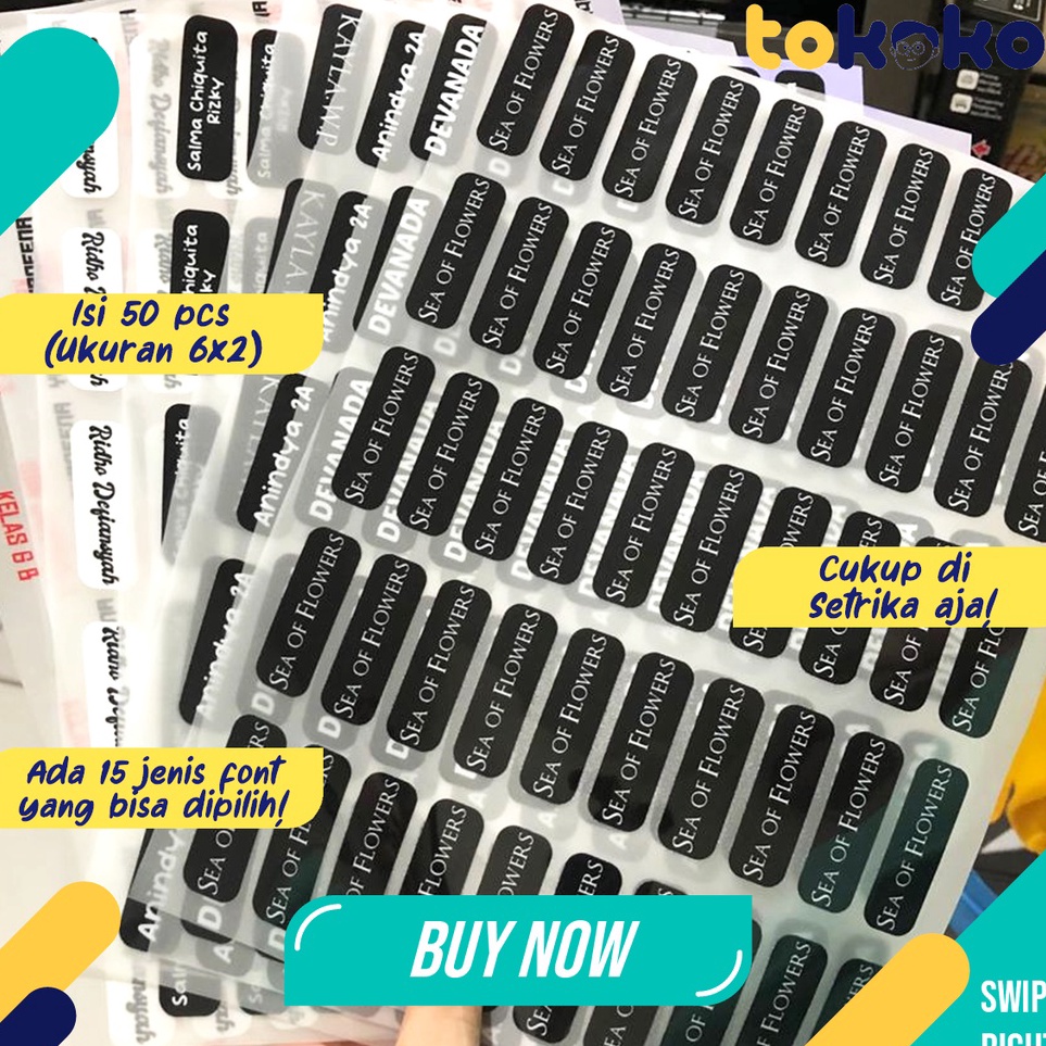 

[KODE PRODUK IVGZG5077] Stiker Nama Label Printing DTF per 50 pcs Sablon Setrika Satuan Bebas Font untuk Kain Kaos Hijab Celana Kolor Murah Anti Luntur