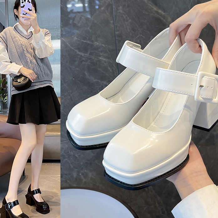 12.12 BIG SALE FASION Sepatu Hak Tinggi Tahu Wanita Terbaru Korea Hitam Tali Gesper Murah Big Size P