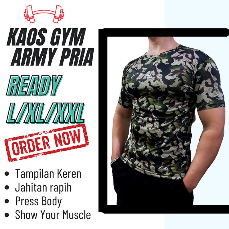 Kaos Gym Press Body Lengan Pendek Pria Motif Loreng Army Bahan Spandek Ketat