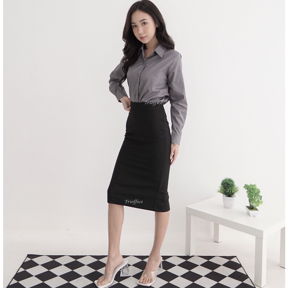 Rok Span Hitam Kerja Formal Polos Midi Sebetis 7/8