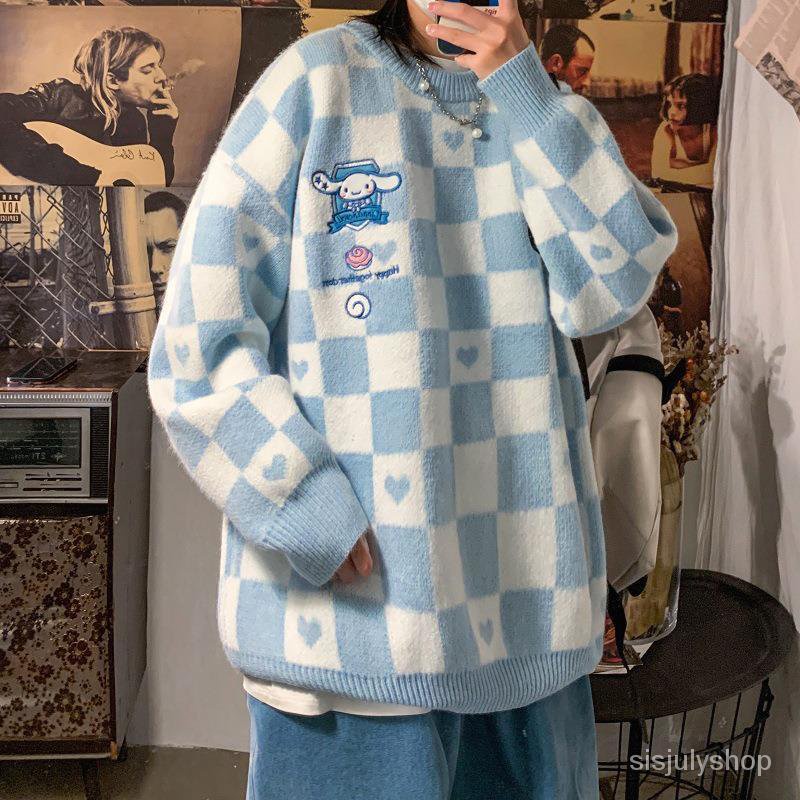 [✅BISA COD] #Sisjuly# Jumper wanita / jumper kotak-kotak wanita / sweater rajutan biru gaya pergurua