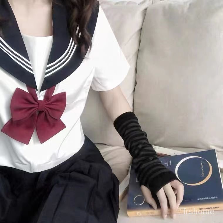 Sarung tangan setengah jari bergaris Jepang / lengan pelindung matahari siswa / lengan tangan untuk