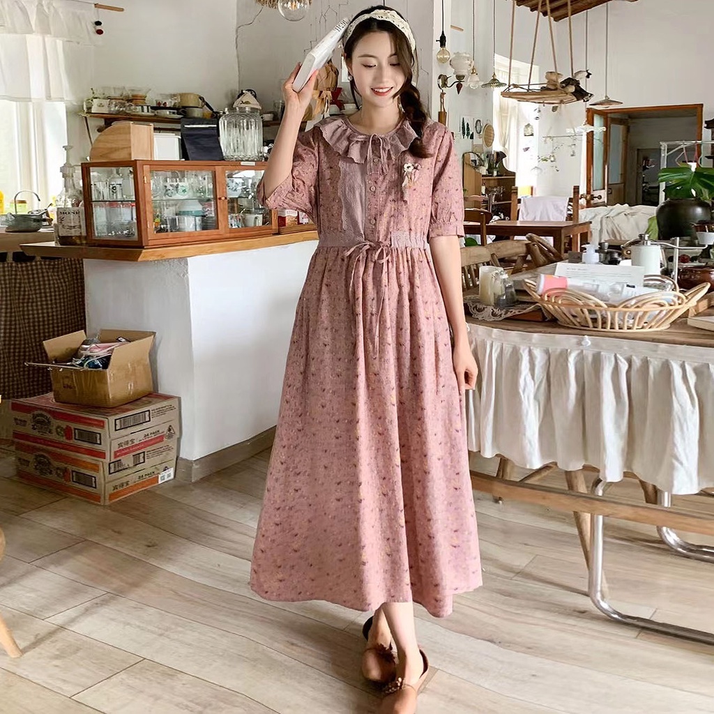 DRESS KATUN PREMIUM PINK BUNGA KERAH RENDA LACE BORDIR OVERSIZE KOREA