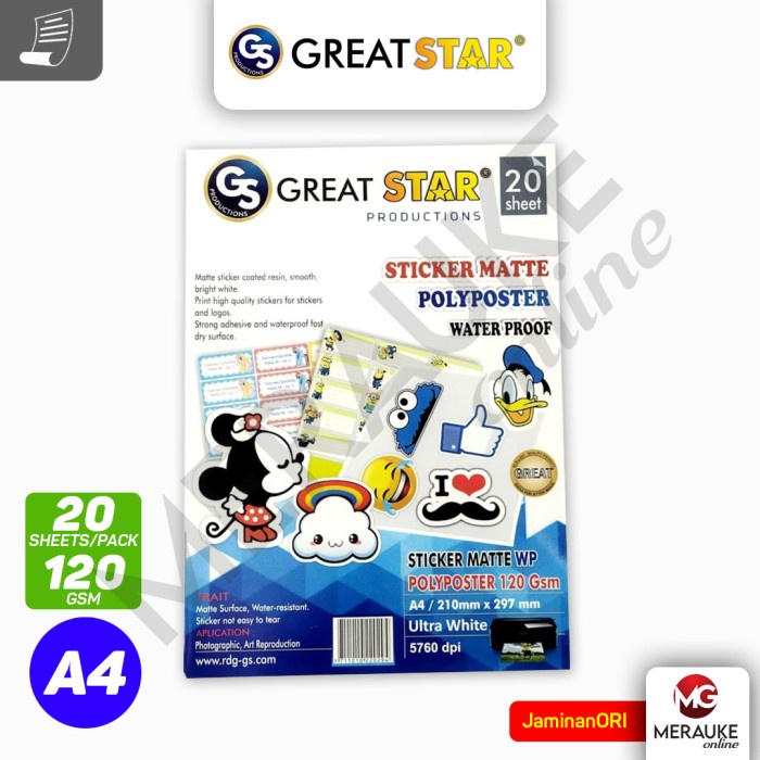 

Terlaris Kertas Foto Great Star Sticker Matte Polyposter Wp A4 120Gsm 20 Lembar