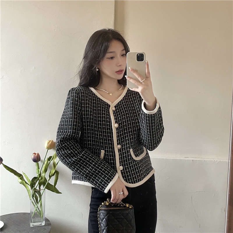 EUNII Jaket Wanita Terbaru Lengan Panjang V-neck Kotak-kotak Jacket Outer Crop Korean Style